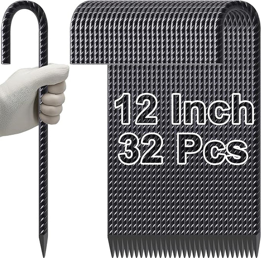 VVOKGO Rebar Stakes 12 Inches J Hook Heavy Duty Chain Link Fence Stakes, 32 Pcs Metal Long Tent Spikes Ground Anchors for Wire Fencing, Dogs Digging, Camping Tents, Swings, Greenhouse, Black