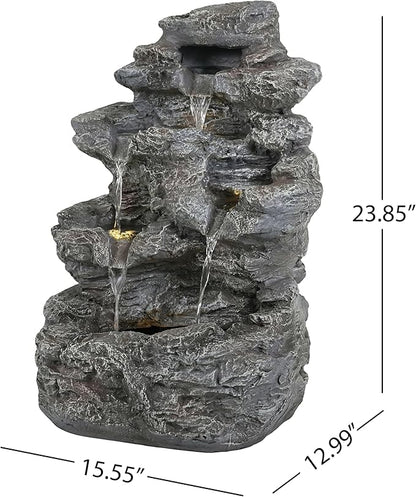 5-Tiered Concrete Tall Slim Fountain, 23.85" H –LED-Lit Column, Space-Saving Modern Outdoor Accent, All-Weather Resistant