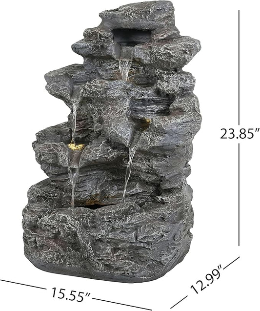 5-Tiered Concrete Tall Slim Fountain, 23.85" H –LED-Lit Column, Space-Saving Modern Outdoor Accent, All-Weather Resistant