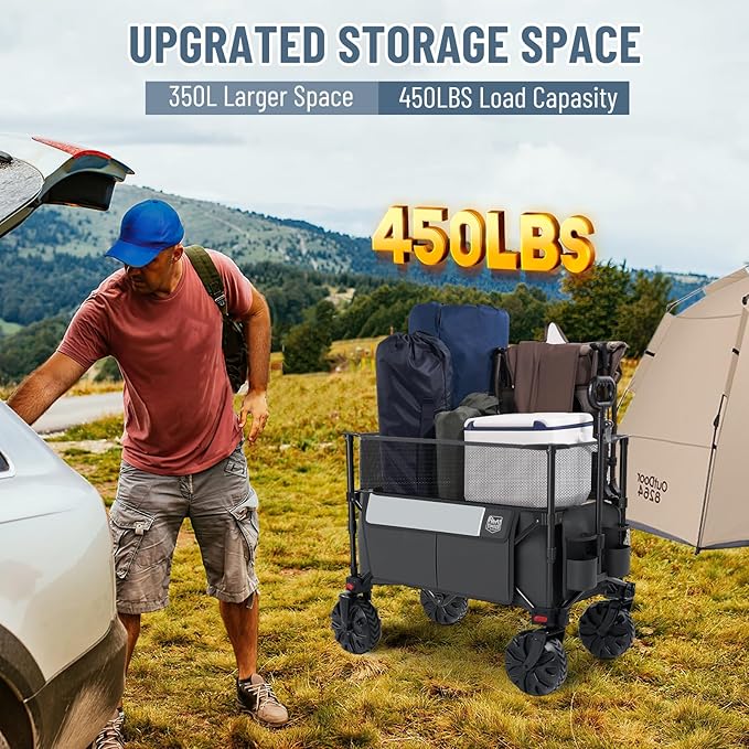 TIMBER RIDGE Foldable Wagon 350L Extendable Height, Large Capasity Collapsible Wagon Cart with All Terrians Detachable Wheels, Compact Folding Utility Wagon for Camping, Fishing, Shopping Grey