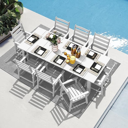 LOUNZY 9 Pieces Patio Dining Sets, 90'' Table Outdoor HDPE Furniture Set w/ 2" Hole Cut-Out Dining Table with 8 Patio Chairs for Lawn, Pool and Yard, White