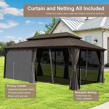 Domi Hardtop Gazebo 12x20FT, Aluminum Outdoor Gazebo with Galvanized Steel Double Roof Canopy, Curtains and Netting Included, Metal Gazebo Permanent Pavilion for Patio, Lawn, Garden, Brown