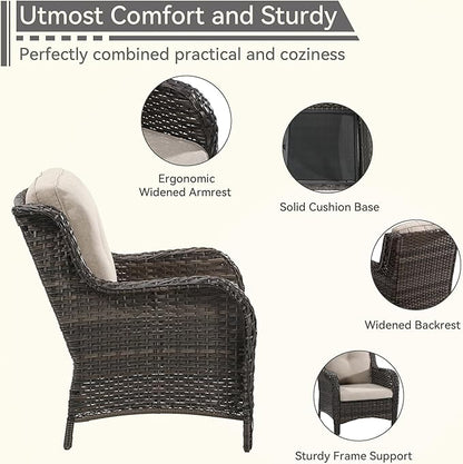 4 Pieces Patio Conversation Set, Wicker Chairs Set of 2 and Two Ottomans with 3.5-inch Seat Cushions, High Back and Curved Armrest for Backyard, Balcony and Deck, Beige