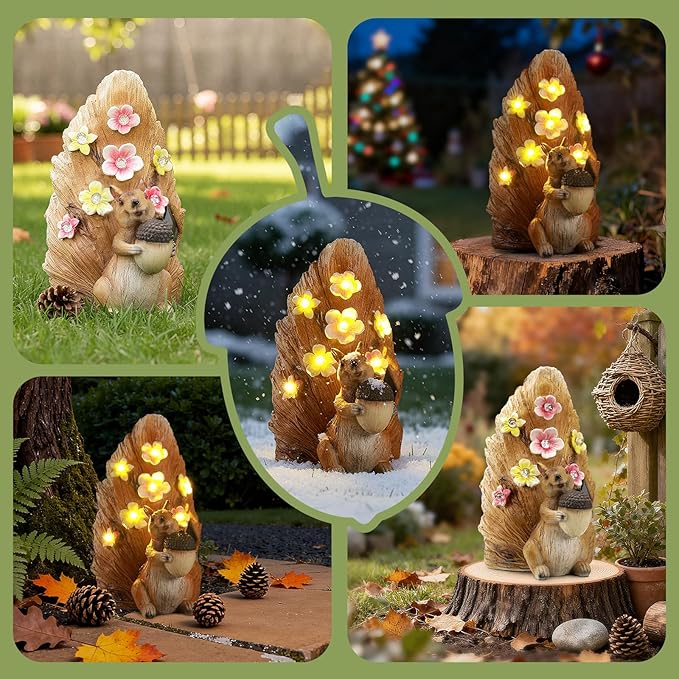 Solar Squirrel with Acorn Statue Light,Weatherproof Resin Animal Figurine Light Garden Decor Auto On/Off - Woodland for Patio & Yard