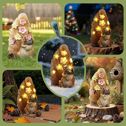 Solar Squirrel with Acorn Statue Light,Weatherproof Resin Animal Figurine Light Garden Decor Auto On/Off - Woodland for Patio & Yard