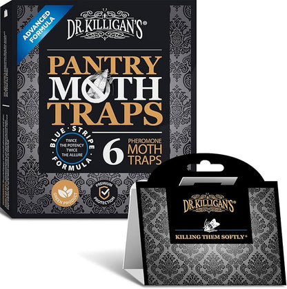 Dr. Killigan's Premium Double Potent Pantry Moth Traps with Pheromones Prime, Sticky Indian Meal Moth Traps for Kitchen, How to Get Rid of Moths in House (6 Pack, Black)