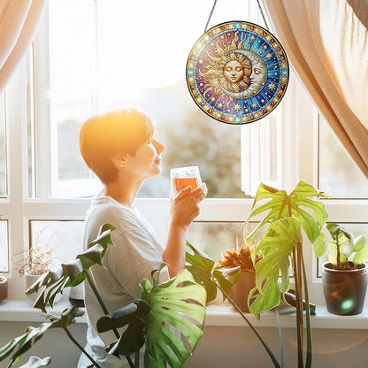 FLAGWIX Christmas Spiritual Gifts for Women Men - Stained Glass Window Hanging 8 in for Sun and Moon Decor - Sun Catchers Indoor Window, Boho Suncatchers for Celestial Decor, Christmas Decorations