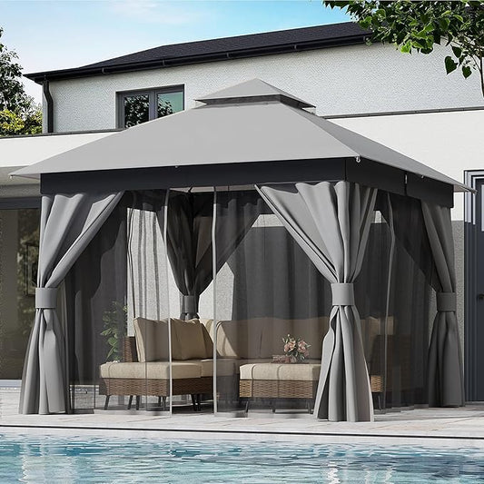 LAUSAINT HOME Outdoor Patio Gazebo 10'x10' with Expansion Bolts, Heavy Duty Gazebos Shelter Party Tent with Double Roofs, Mosquito Nettings and Privacy Screens for Backyard, Garden, Lawn, Smoke Grey