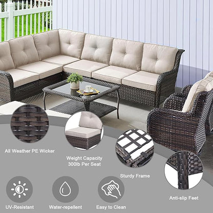 HUMMUH 8 Pieces Outdoor Patio Furniture Set with Fire Pit,L-Shaped Modular Sectional Couches with Swivel Patio Chairs,Wicker Conversation Set for Deck,Backyard,Porch,Garden