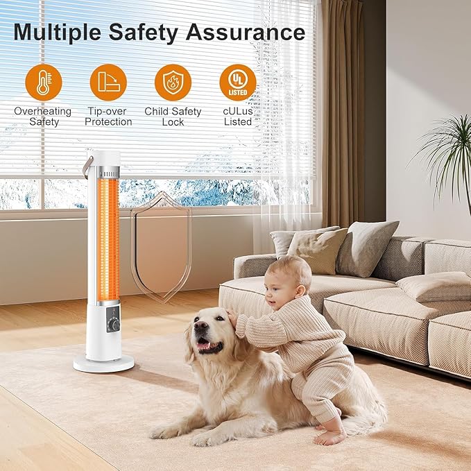 Outdoor Heater for Patio, 1500W Infrared Electric Heaters Indoor w/Remote, 60° Oscillation, 9H Timer, 9 Heat Level, Tip-Over/Overheating Protection, Safety Lock, for Garage Porch Office Pearl