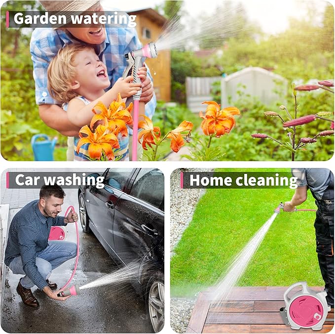Kitness Mini Retractable Garden Hose Reel, Portable Simple Home 45+5 FT Hose Reel with 7 Adjustable Patterns Spray Nozzle&Standard Connector, Watering Hose Reel for Gardens Yards and lawns (Rose red)