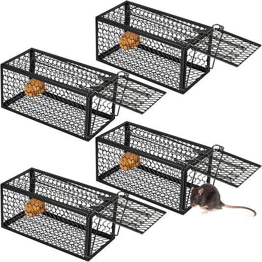 Qualirey 4 Pcs Humane Rat Trap Chipmunk Rodent Mouse Squirrel Trap Small Live Animal Mouse Voles Hamsters Live Cage Rat Cage for Mice Easy to Catch and Release (9.1 x 4.5 x 4.5 Inches,Black)