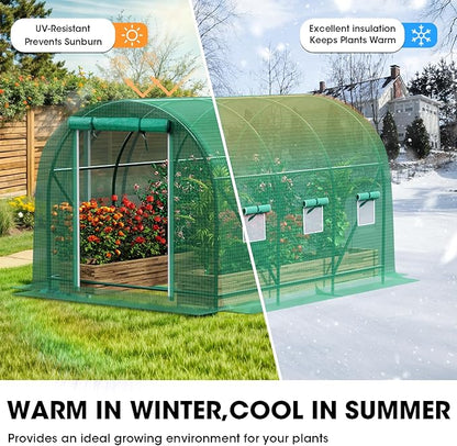 Grezone Walk-in Greenhouse Upgraded Green House with Zippered Screen Doors & 6 Screen Windows Heavy Duty Plastic Plant Warm House with Reinforced Frame (12x7x7 FT)