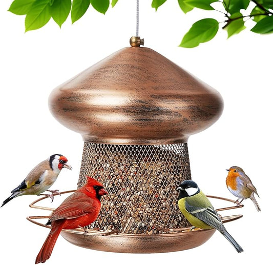 Bird Feeder, Heavy Duty Metal Bird Feeders for Outdoor Hanging, Cute Mushroom Shape 3.5 LB Large Capacity Wild Birdfeeder for Outside Garden Yard (Brown)
