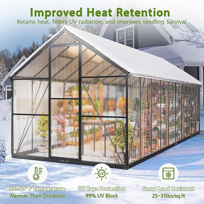 Wanan 20x8FT Greenhouses for Outdoors, Quick Assembly Polycarbonate Green House with UV Protection, Heavy Duty Windproof Aluminum Frame, Adjustable Roof Vent for Backyard or Outdoor Garden Use