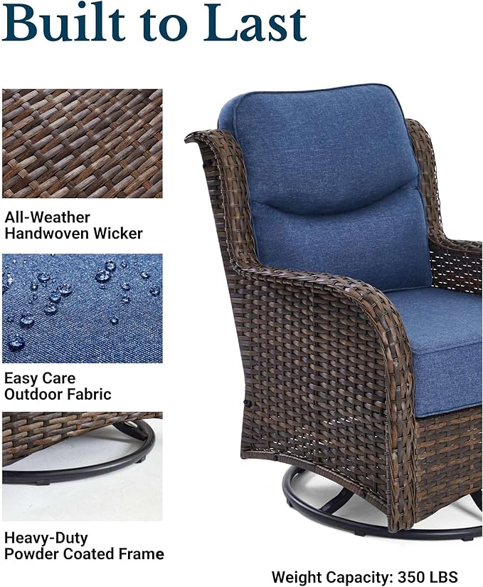 HILLGA Luxury Patio Furniture Set with 6-Inch Thick Cushions, High Back Outdoor Swivel Rocker Chairs and Table, 3-Piece All Weather Conversation Set for Porch Deck Balcony Yard, Blue (V3)