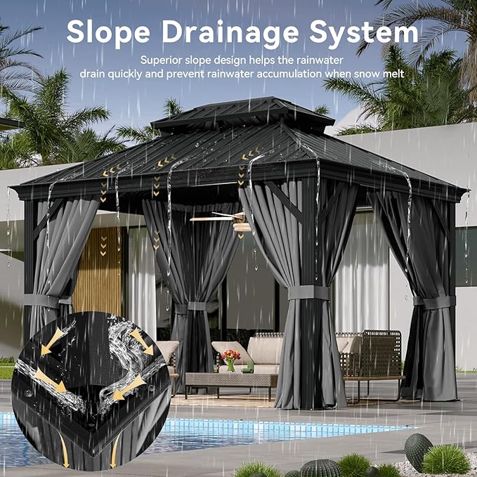 Aoxun 10' X 12' Hardtop Gazebo with Drainage System, Aluminum Outdoor Gazebo with Galvanized Steel Double Roof, Patio Permanent Metal Pavilion and LED Waterproof Hanging Lights, Easy Assemble
