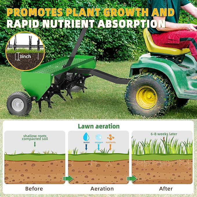 48" Lawn Aerator Tow Behind, Pull Behind Aerator with Universal Hitch, 32 Galvanized Steel Tines, Tray and Pneumatic Tires, Plug Behind Aerator is Suitable for Gardens, Lawns and Farms