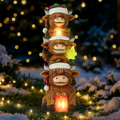 Christmas Highland Cow Decor with Solar Light Triple Highland Cow Christmas Decorations Gifts for Women Mom Funny Highland Cows Garden Statues for Garden Patio Lawn Yard Decor(Multicolor)