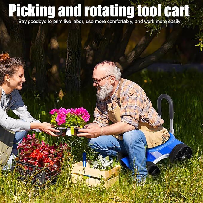 Rolling Garden Cart with Seat, Adjustable 360° Swivel Garden Stool with Wheels, Outdoor Lawn Yard Rolling Work Seat, Patio Scooter on Wheels for Lawn Yard Planting (Blue)