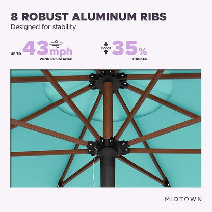 Midtown Umbrellas The Wooden 8 Feet Patio Umbrella With Sunbrella Aruba Acrylic Fabric - Aluminum Frame Market Umbrella For Backyard, Deck, Garden, Pool - Wooden Pole