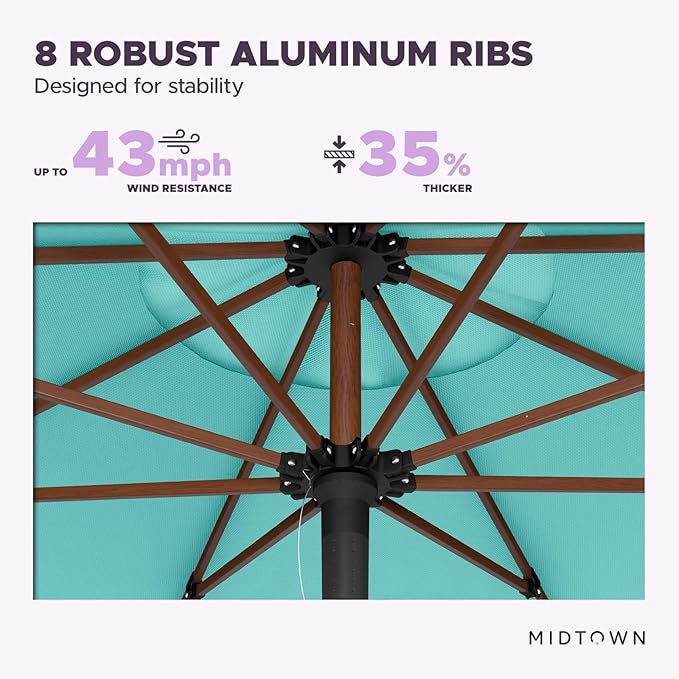 Midtown Umbrellas The Wooden 9 Feet Patio Umbrella With Sunbrella Aruba Acrylic Fabric - Aluminum Frame Market Umbrella For Backyard, Deck, Garden, Pool - Wooden Pole