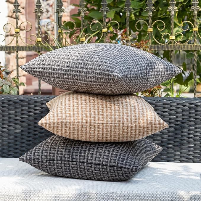 Kevin Textile Outdoor Waterproof Throw Pillow Covers Pack of 2 Weaving Texture Water Resistant Outside Decorative Cushion Covers for Garden Patio Tent Balcony Bench Couch Sofa 16x16 Inch, Dark Grey