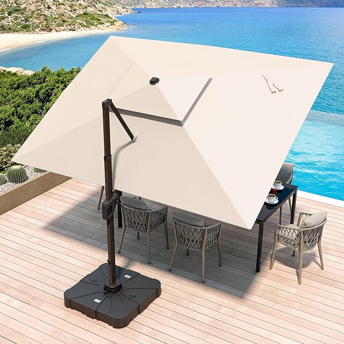 JZAC & QZYD 10 X 13 FT Cantilever Patio Umbrella with Base Included Heavy Duty Rectangle Offset Outdoor Large Double Top Umbrellas with 360° Rotation for Deck Backyard Garden, Beige