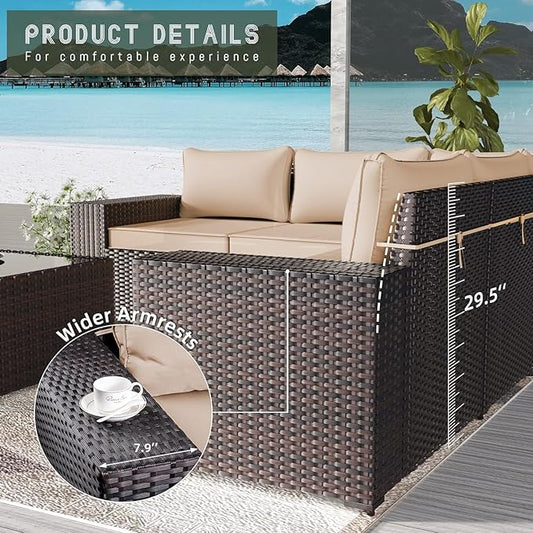 10 Pieces Outdoor Patio Furniture Set Outdoor Furniture Patio Sectional Sofa Conversation Sets w/ETL Approved 45" Gas Outdoor Fire Table & Coffee Table, Swivel Rocking Chair (Brown)