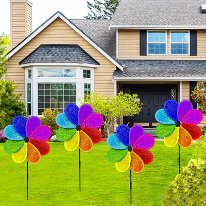 4PCS Flower Wind Spinner Sparkly Lawn Pinwheel 11.8 inch Colorful Rainbow Garden Windmill for Garden, Party, Outdoor, Yard Decor