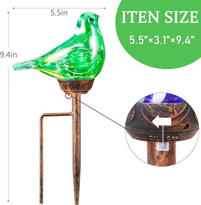 Solar Bird Garden Stake Lights - Hand Blown Glass Decorative Garden Pathway Lights Outdoor Waterproof Bird Glass Stakes (Green)
