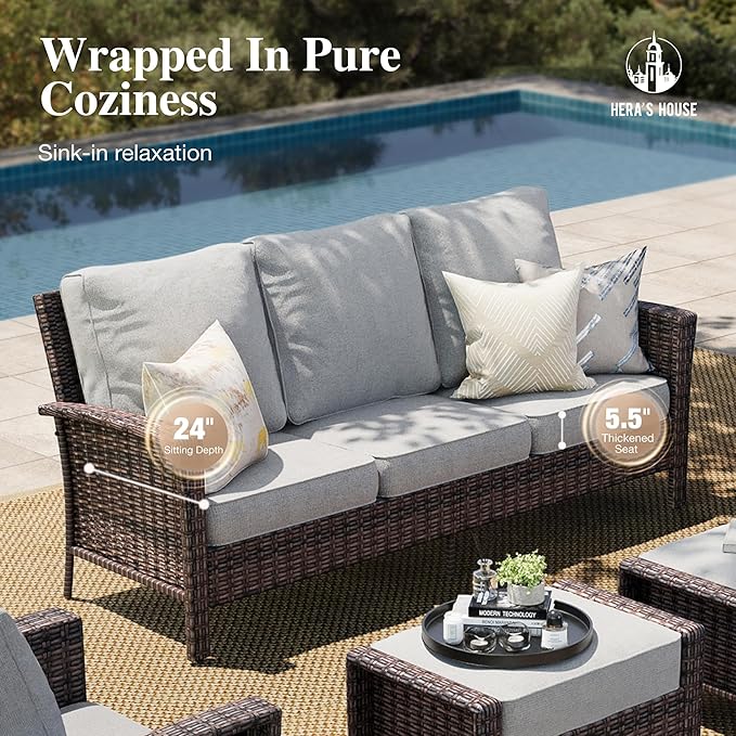 HERA'S HOUSE Patio Furniture Set with Swivel Chairs, High Back Wicker Couch with Ottomans, Outdoor Conversation Sofa Sets with 5.5" Waterproof Cushions for Garden Yard Porch, Grey