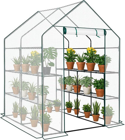 Outvita Walk-in Greenhouse, Outdoor Durable PE Plant Green House for Frost Protection with 3 Tiers 8 Shelves, Shelf Clips, Roll-up Zipper Door, 56"x56"x77" White