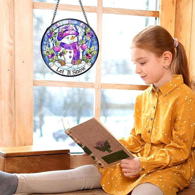 kdqua Christmas Snowman Suncatcher Stained Glass Window Hanging, Let It Snow Winter Snowman Sun Catchers Indoor Window Glass Round Wall Decor, Christmas Wall Art Hanging Decorations Statues, 7.9x7.9in