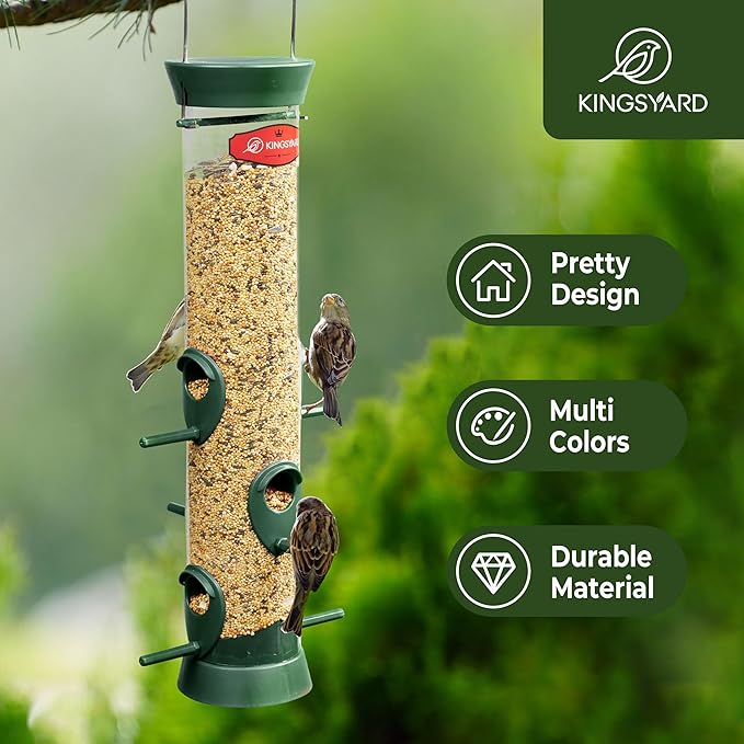 Kingsyard 2 Pack Tube Bird Feeder for Outdoors Hanging, Removable Base and Perch, 6 Feeding Ports - Easy to Clean, Premium Hard Plastic, Attracting for Finches Cardinals (Green)