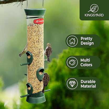 Kingsyard 2 Pack Tube Bird Feeder for Outdoors Hanging, Removable Base and Perch, 6 Feeding Ports - Easy to Clean, Premium Hard Plastic, Attracting for Finches Cardinals (Green)