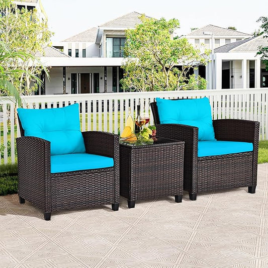 ORALNER 3 Pieces Patio Furniture Set, Outdoor Wicker Conversation Set Rattan Chairs with Cushions, Glass Coffee Table, Bistro Set for Front Porch Balcony Garden Deck Poolside (Turquoise)