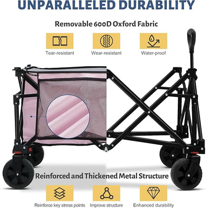 Collapsible Folding Wagon Cart, 220LBS Heavy Duty Foldable Utility Garden Cart with All Terrain Wheels & Side Storage Bag, Portable Sports Wagon for Camping, Shopping, Garden. (Pink)