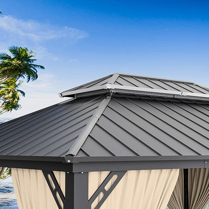 12’x14’ Hardtop Gazebo Outdoor Aluminum Frame Permanent Gazebo Galvanized Steel Double Roof Pergola with Nettings and Curtains for Patio, Lawns,Backyard, Deck(Brown)