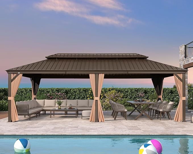 PURPLE LEAF 12' X 24' Hardtop Gazebo Patio Wide Aluminum Frame Metal Double Roof with Heavy Duty Netting and Curtains for Permanent Hard Top Pavilion Screen Khaki