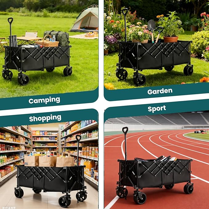 OLIXIS Collapsible Wagon Cart - 440lbs Foldable Extra Long Heavy Duty Utility Wagon with Wheels, Portable Storage Grocery Cart for Camping, Shopping, Sports, Beach, Garden (Black, 48" L)