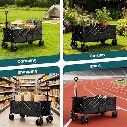 OLIXIS Collapsible Wagon Cart - 440lbs Foldable Extra Long Heavy Duty Utility Wagon with Wheels, Portable Storage Grocery Cart for Camping, Shopping, Sports, Beach, Garden (Black, 48" L)