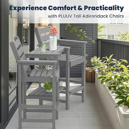 Tall Adirondack Chairs Set of 2, All Weather HDPE Poly Bar Height Balcony Adirondack Chair with Removable Double Connecting Trays, Outdoor Adirondack Barstools for Deck, Patio, Yard, Pool, Lawn