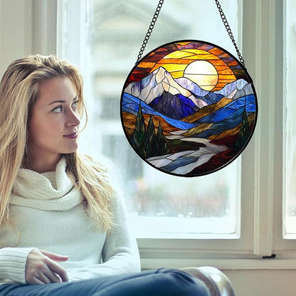 Stained Glass Window Hanging, Yellow Blue Sunset Mountains Scenery Sun Catcher for Window Home Decor Landscape Suncatcher Mother's Day Birthday Gifts for Women Men Mom and Nana 9.8 in