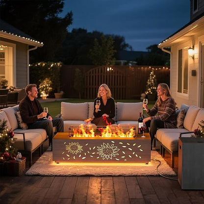 42" Outdoor Fire Pit Table, 50,000 BTU Gas Fire Pit with Glass Wind Guard, Fire Stones, Waterproof Cover, Propane Fire Pit Table for Outside Patio, Hollow-Out (Sunflower, Brown)