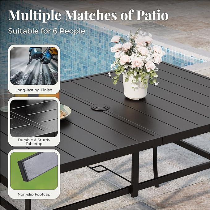 Patio Dining Set 7 Piece Outdoor Furniture Set with Metal Patio Dining Table with Umbrella Hole for Deck Garden Backyard Lawn Poolside