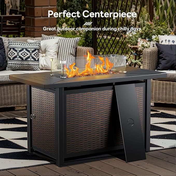 7 Pieces Patio Furniture Set with Fire Pit Table, Wicker Rattan Outdoor Furniture Set with Swivel Rocker Chairs for Yard, Deck, Garden, Brown/Red
