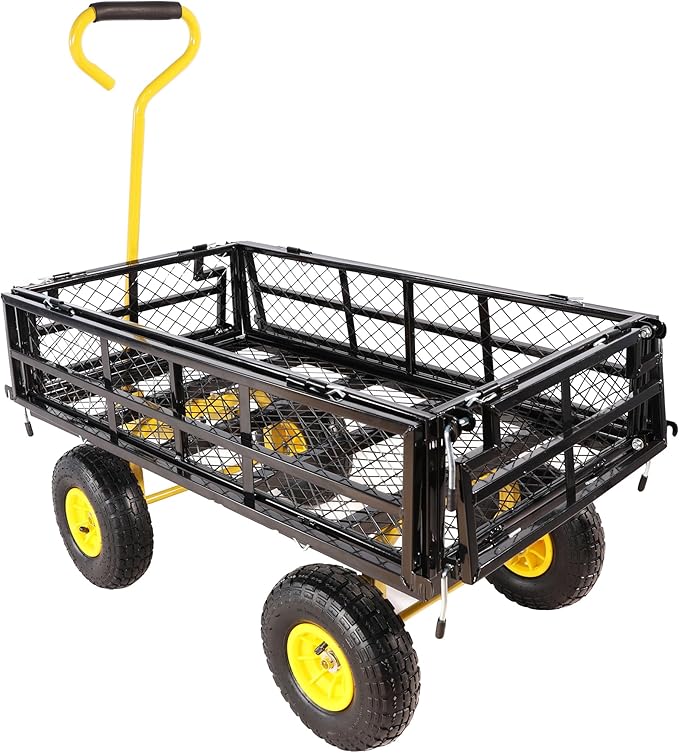 Heavy Duty Garden Wagon with Foldable Sides, Pneumatic Tires, Adjustable Handle (Yellow + Black Double Layer)