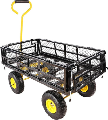 Heavy Duty Garden Wagon with Foldable Sides, Pneumatic Tires, Adjustable Handle (Yellow + Black Double Layer)