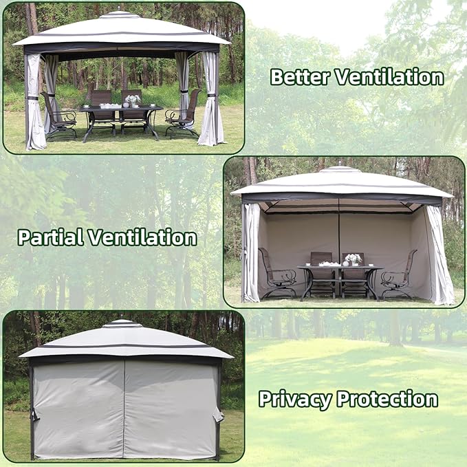 11x13 Gazebo for Patio, Gazebo with Curtains& Sandbags, Double Tier Roof Marquee Canopy for Garden, Deck, Backyard, Lawn (Grey)-Netting not Included